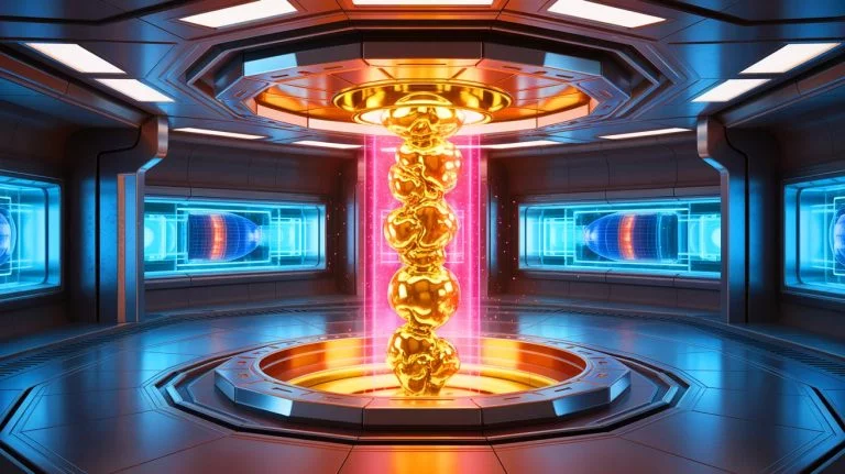 Illustration de la transmutation du mercure en or dans un réacteur à fusion nucléaire, image générée par intelligence artificielle.
