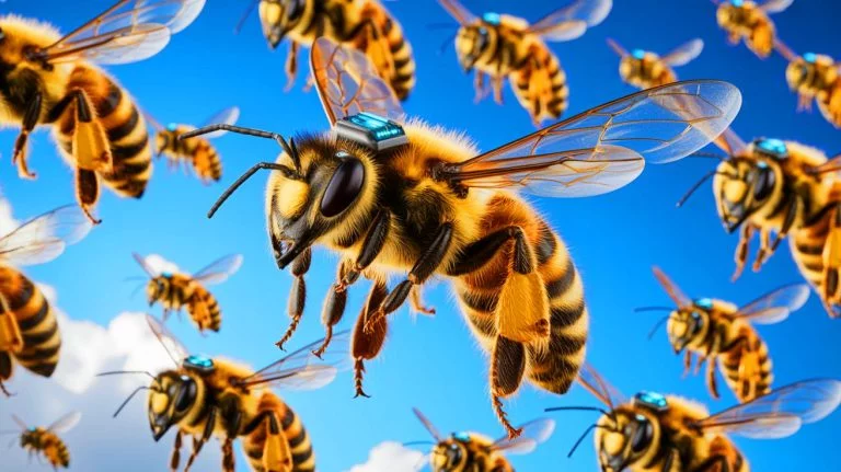 « Ils contrôlent les abeilles par la pensée » : la Chine utilise la puce cérébrale la plus légère du monde pour espionner avec une précision terrifiante Illustration de l'utilisation de puces cérébrales pour contrôler les abeilles, générée par intelligence artificielle.