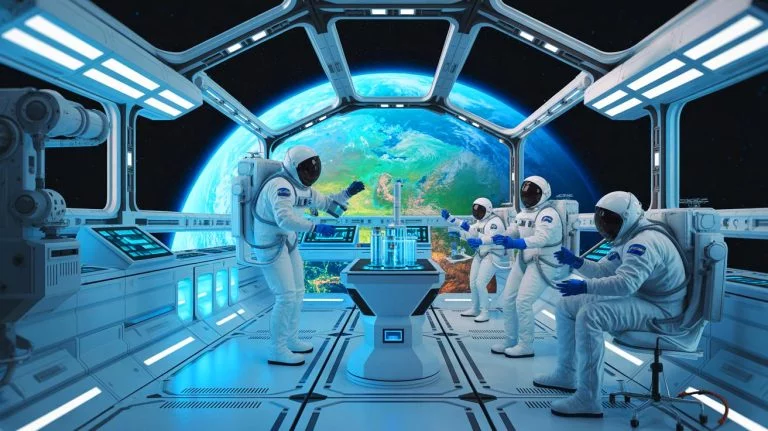 « Ce sont des médicaments fabriqués dans l’espace » : Varda Space lance des labos en orbite pour produire ce que la Terre ne permet pas Illustration de l'usine spatiale de Varda Space Industries, générée par intelligence artificielle.