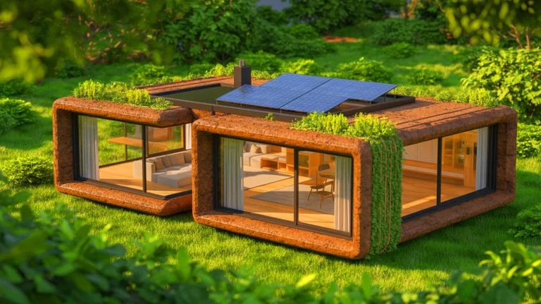 Illustration de la Lib Earth House Model B, une maison durable imprimée en 3D, générée par intelligence artificielle.