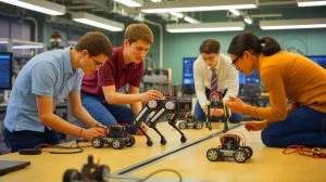 Illustration de Pupper, un robot quadrupède conçu par des étudiants de Stanford, générée par intelligence artificielle.