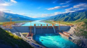 Illustration de la construction du barrage hydroélectrique sur le Yarlung Tsangpo, générée par intelligence artificielle.