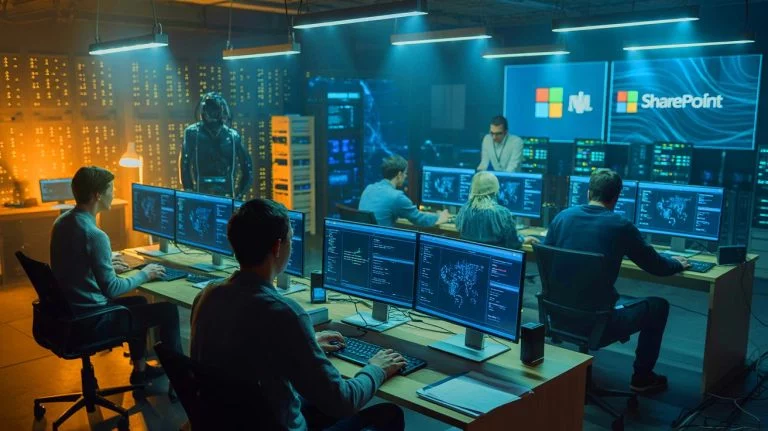 Illustration de hackers chinois exploitant des failles de sécurité dans le logiciel SharePoint, générée par intelligence artificielle.