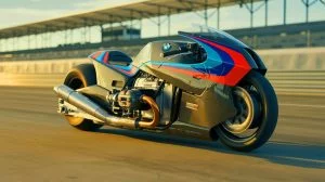 BMW dévoile Titan, une moto futuriste équipée de nitro, 140 chevaux et un design hallucinant inspiré des circuits de dragster Illustration de la transformation de la BMW R 1300 R en un dragster futuriste, générée par intelligence artificielle.