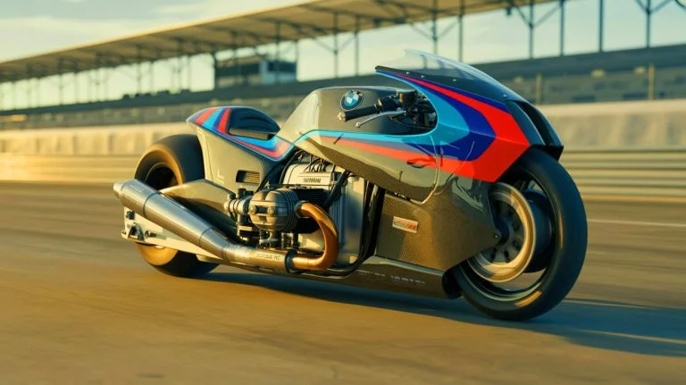 BMW dévoile Titan, une moto futuriste équipée de nitro, 140 chevaux et un design hallucinant inspiré des circuits de dragster Illustration de la transformation de la BMW R 1300 R en un dragster futuriste, générée par intelligence artificielle.