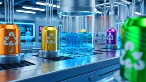 Illustration de la méthode novatrice de production d'hydrogène utilisant des canettes recyclées et de l'eau de mer, générée par intelligence artificielle.