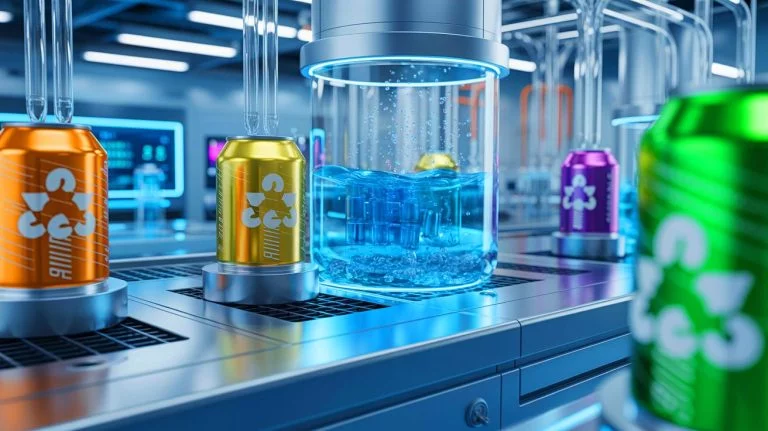 Illustration de la méthode novatrice de production d'hydrogène utilisant des canettes recyclées et de l'eau de mer, générée par intelligence artificielle.