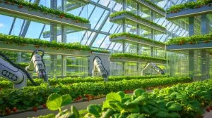 Illustration de l'exploitation agricole high-tech de Dyson avec des serres verticales et des technologies avancées, générée par intelligence artificielle.