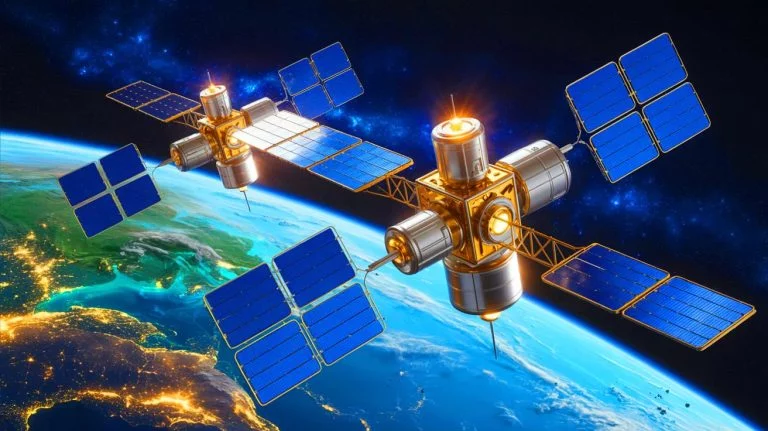 Illustration de la constellation de satellites chinois traitant des données en orbite, générée par intelligence artificielle.