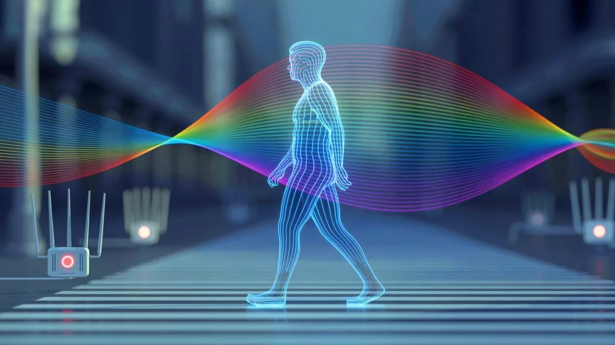 Illustration de l'utilisation des signaux Wi-Fi pour créer des identifiants biométriques, générée par intelligence artificielle.