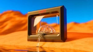 Illustration de la technologie innovante du MIT transformant l'air en eau potable, créée par intelligence artificielle.