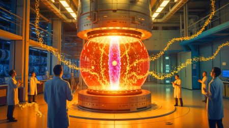 Illustration de la transformation du mercure en or par un réacteur à fusion tokamak, générée par intelligence artificielle.