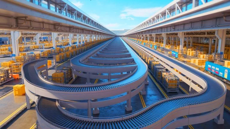 Illustration de tapis roulants géants pour le transport de colis au Japon, générée par intelligence artificielle.