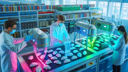 Illustration de la transformation des masques de la pandémie en matériaux technologiques avancés, générée par intelligence artificielle.