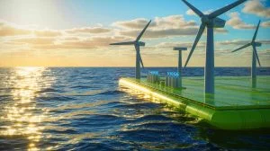 Illustration de la plateforme flottante H2Mare exploitant l'énergie éolienne en mer pour produire de l'hydrogène propre, générée par intelligence artificielle.