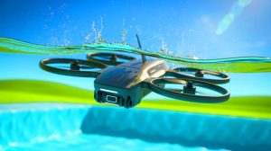 Illustration de la performance d'un drone hybride capable de transitions fluides entre l'air et l'eau, générée par intelligence artificielle.