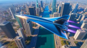 Illustration de l'avion hypersonique chinois MD-19 survolant une ville futuriste. Image réalisée par IA.