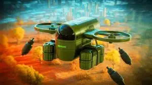 Illustration de la présentation d'un micro-drone militaire chinois furtif et inarrêtable. Image réalisée par IA.