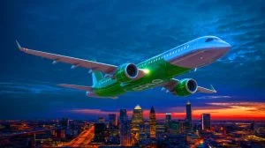 Illustration de l'avion C919 chinois survolant un paysage urbain. Image réalisée par IA.