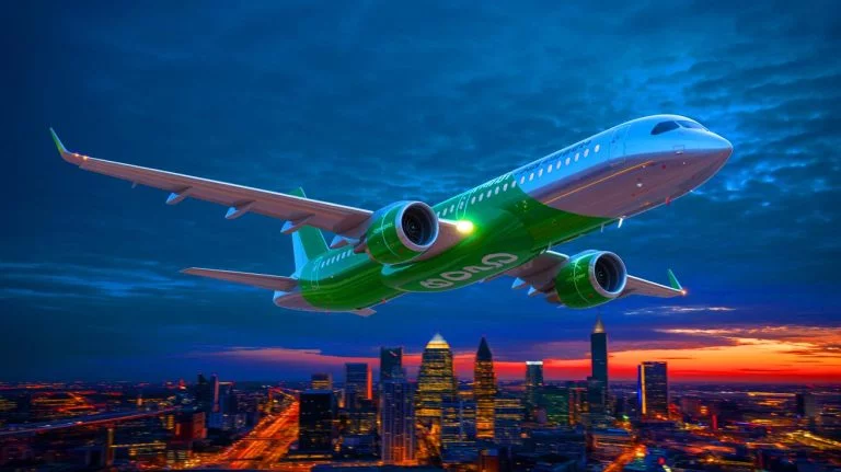 Illustration de l'avion C919 chinois survolant un paysage urbain. Image réalisée par IA.