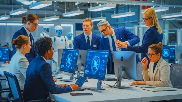 Illustration de la semaine de travail de quatre jours rendue possible par l'intelligence artificielle. Image réalisée par IA.