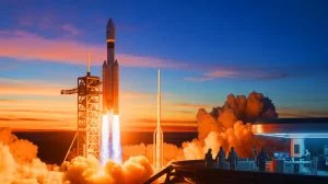 Illustration de la fusée au méthane de LandSpace en plein lancement, générée par intelligence artificielle.