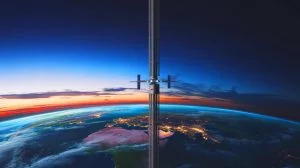 Illustration de l'ascenseur spatial imaginé dans un contexte de journées de 12 heures. Image réalisée par IA.