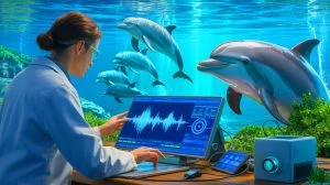 Illustration de la communication interespèces entre humains et dauphins grâce à l'intelligence artificielle. Image réalisée par IA.