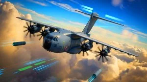 Illustration de l'A400M d'Airbus transformé en plate-forme de guerre électronique, générée par intelligence artificielle.
