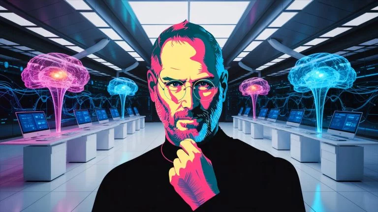 L’alerte ignorée de Steve Jobs : comment ce visionnaire avait anticipé l’essor de ChatGPT il y a quatre décennies, une prophétie troublante et oubliée Illustration de la vision futuriste de Steve Jobs sur l'intelligence artificielle. Image réalisée par IA.