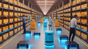 Illustration de l'armée de robots autonomes d'Amazon dans un centre de distribution. Image réalisée par IA.