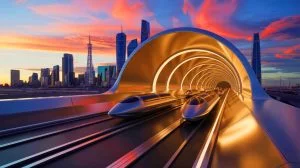 « On relie deux continents en moins d’une heure » : Elon Musk dévoile l’hyperloop sous-marin de 20 milliards d’euros Illustration de la vision d'un tunnel transatlantique reliant Londres à New York. Image réalisée par IA.