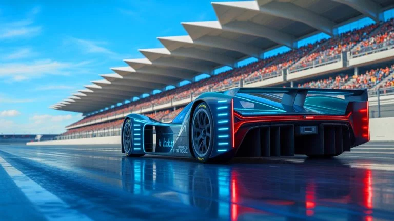 Illustration de véhicules de course alimentés à l'hydrogène sur un circuit futuriste, générée par intelligence artificielle.