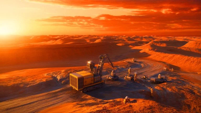 Illustration de la découverte d'un gisement d'uranium dans le désert d'Ordos, générée par intelligence artificielle.