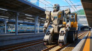 Illustration de l'utilisation d'un robot géant pour la maintenance ferroviaire, générée par intelligence artificielle.