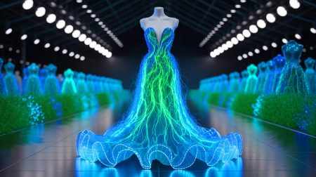Illustration de la robe bioluminescente en algues vivantes d'Iris Van Herpen, générée par intelligence artificielle.