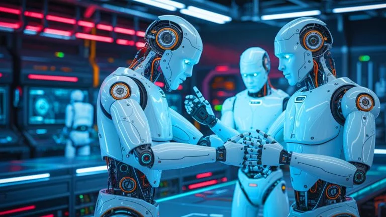 Illustration de robots auto-adaptatifs capables de croître et de se réparer eux-mêmes, générée par intelligence artificielle.