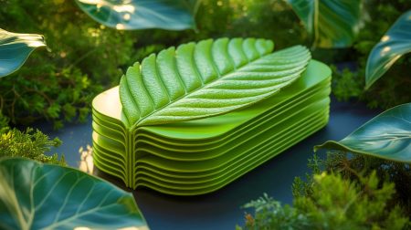 Illustration de l'innovation bioplastique LEAFF inspirée par la structure des feuilles, réalisée par intelligence artificielle.