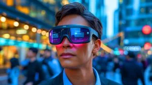 Illustration de l'avenir des dispositifs numériques avec des lunettes intelligentes et des technologies de réalité augmentée, générée par intelligence artificielle.