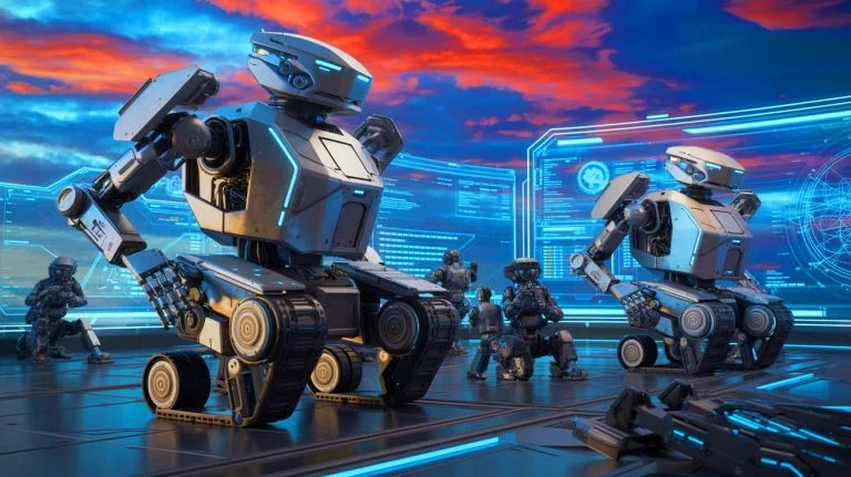 Illustration de la militarisation de l'intelligence artificielle, générée par intelligence artificielle.