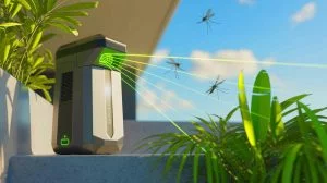 Illustration de la technologie avancée du Photon Matrix, un dispositif laser anti-moustiques, générée par intelligence artificielle.