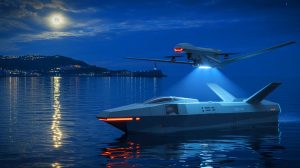 Illustration de drones navals ukrainiens lançant des frappes aériennes sur des cibles russes, générée par intelligence artificielle.