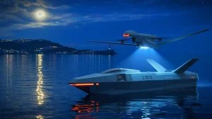 Illustration de drones navals ukrainiens lançant des frappes aériennes sur des cibles russes, générée par intelligence artificielle.