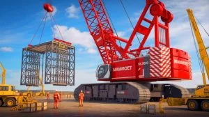 Illustration de la grue géante SK6000 de Mammoet en action, générée par intelligence artificielle.