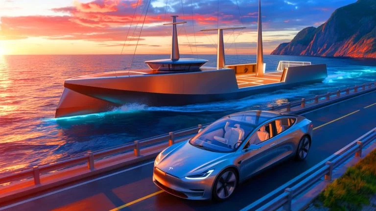 Illustration de l'innovation technologique dans le transport maritime et automobile, générée par intelligence artificielle.
