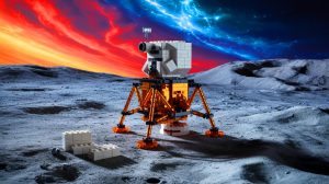 Illustration de briques Lego fabriquées à partir de poussière de météorite pour la construction lunaire, générée par intelligence artificielle.
