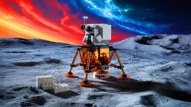 Illustration de briques Lego fabriquées à partir de poussière de météorite pour la construction lunaire, générée par intelligence artificielle.