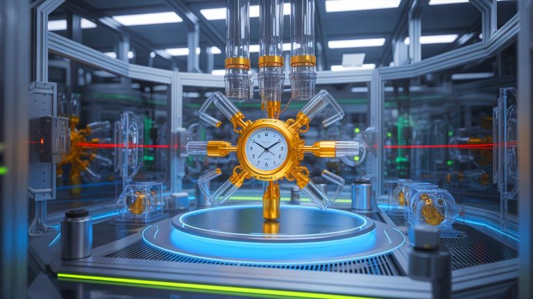 Illustration de l'horloge atomique à ions d'aluminium du NIST, générée par intelligence artificielle.