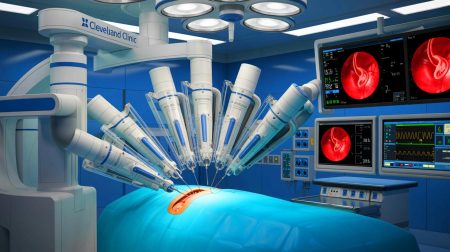 Illustration de la première opération de remplacement de valve aortique via une incision au cou réalisée par un robot, générée par intelligence artificielle.