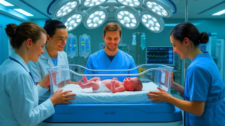 Illustration de la naissance de bébés exempts de maladies héréditaires grâce à une technique de FIV innovante, générée par intelligence artificielle.